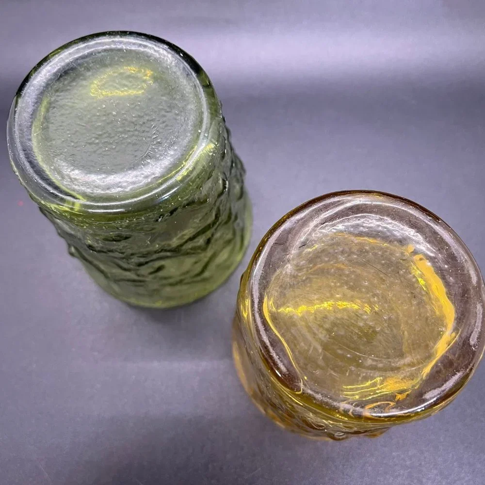 (2) Anchor Hocking Milano Crinkle Honey Gold Amber & Green 7oz Short Rocks Glass